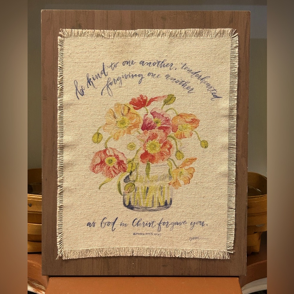 Fabric art featuring a floral watercolor illustration and a biblical verse.